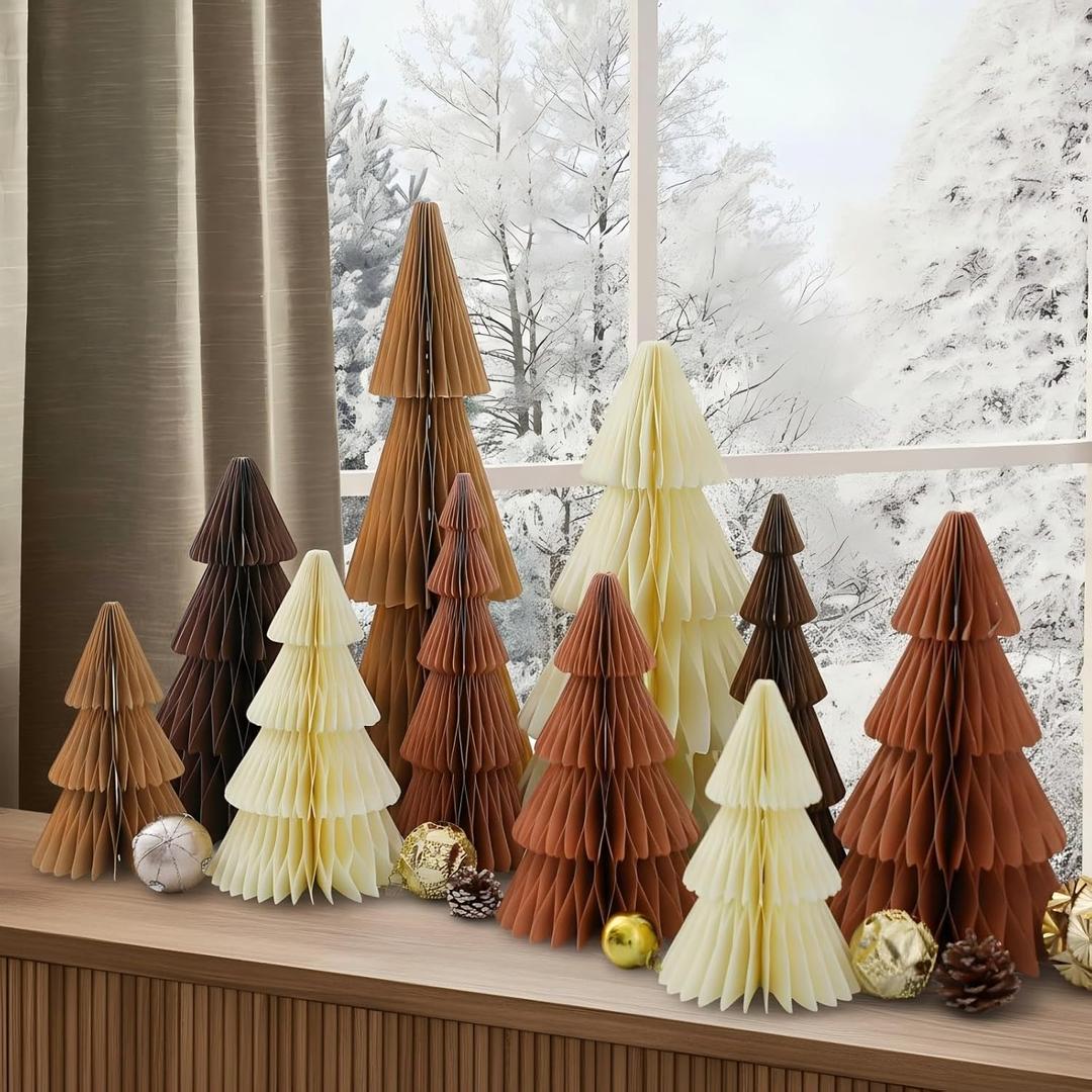 Amyhill 10 Pcs Large Neutral Honeycomb Christmas Tree 20/16/12/10/8 Inch 3D Paper Trees Centerpiece Modern Christmas Home Mantel Decor Minimalist Holiday Party Decorations Xmas Gift
