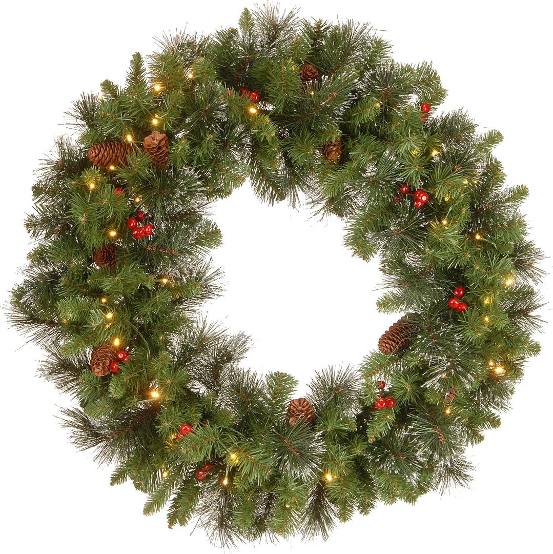 National Tree Company 30 in Pre-Lit Crestwood Spruce Artificial Christmas Wreath, Christmas Decoration with Glitter, Pinecones, Red Berries, 70 Clear LED Lights, 200 Tips, Timer, Green