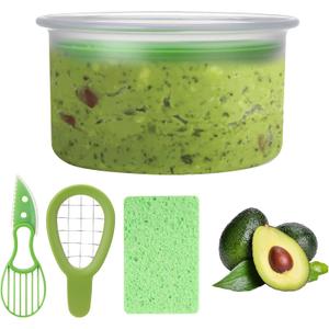 Clapzooki 4 PCS Guacamole Keeper Set Guacamole Bowls Avocado Keeper Fresh Guacamole with 2-in-1 Avocado Slicer Avocado Knife and Cleaning Sponge Plastic Kitchen Storage Container(Green 1pcs)