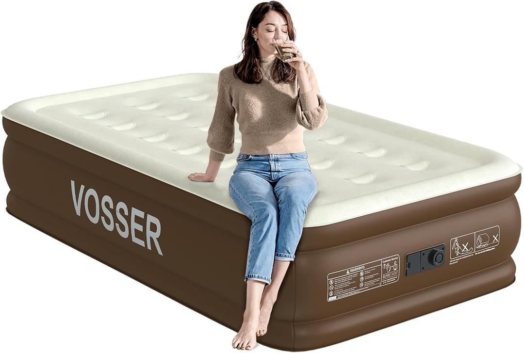 VOSSER Twin XL Air Mattress with Built-in Pump, 18" Raised 80“ Extra Long Inflatable Blow Up Mattress, Flocked Top Single Air Bed for Home, Guests & Camping, Thick Twin Size Air Mattress