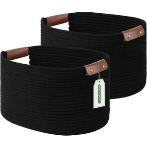 ECDYQXVU Cotton Rope Basket, Storage Baskets with Handle, 15x10x9 Inch Woven Basket for Shelves, Laundry, Towels, Clothes, Books (Black 2Pack)