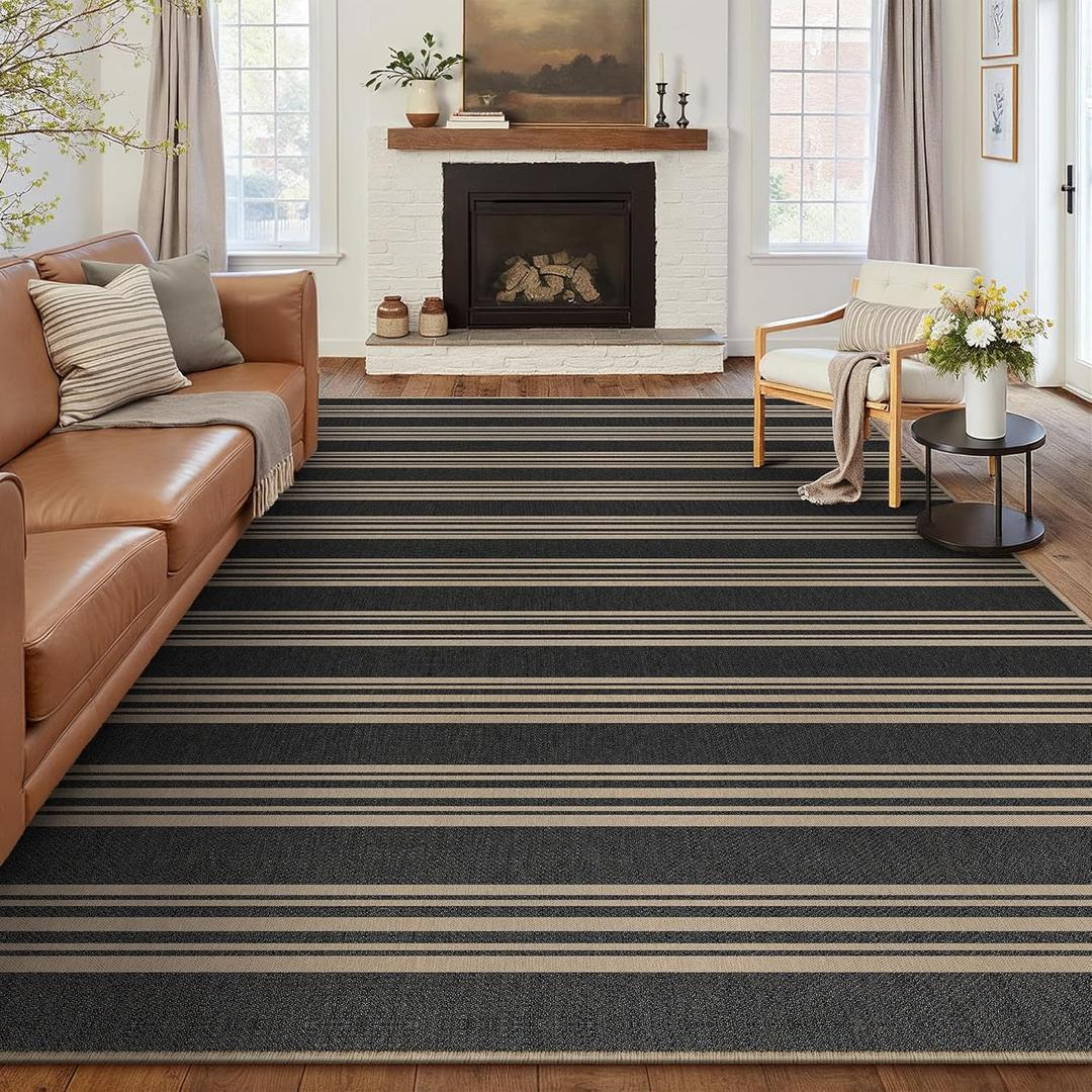 PureCozy Striped Easy Jute Area Rug 8x10 Black Washable Outdoor Patio Rug for Living Room Indoor Outdoor Carpet Non Slip Office Farmhouse Neutral for Backyard Balcony Porch Bedroom Dining Room