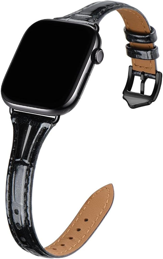 WFEAGL Compatible with Leather Apple Watch Band 41mm 40mm 38mm 42mm(series 11 10) Women, Top Grain Leather Strap Slim & Thin Replacement Wristband for iWatch Bands SE 3 2 1, Series 11 10 9 8 7 6 5 4 3 2 1 (Cro-Black/Black)