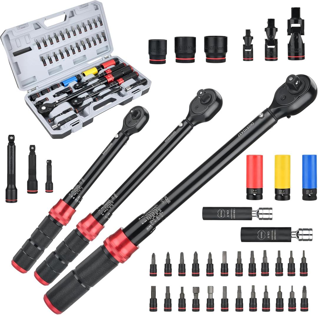 AEROFORCE 1/4 & 3/8 & 1/2-inch Drive Click Torque Wrench, 41Pcs Torque Wrench Set with Sockets and extensions, Hex, Torx, magnetic Spark Plug for Car, Motorcycle, Bike Repair