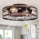 Caged Farmhouse Ceiling Fan with Light, Rustic Bladeless Flush Mount Ceiling Fans with Lights and Remote, Low Profile Small Fandelier Ceiling Fan with Light for Kitchen, Bedroom, Black