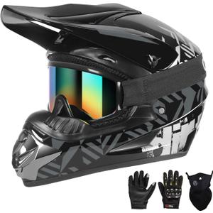 SPARK DOT Youth Motocross Helmet Kids Dirt Bike Helmets - Full Face, Lightweight & Breathable for Off-Road E-Bike BMX MX ATV (with Gloves Goggles Mask) 4Pcs Set, Small(55-56), Grey
