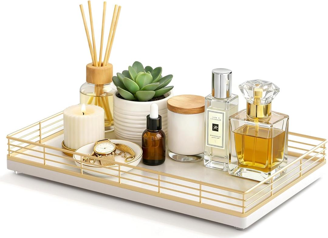 Large Bathroom Vanity Tray 13" x 8" Oak Decorative Wooden Tray for Bathroom Countertop & Vanity Organizer, Wood Tray for Perfume, Skincare & Accessories Storage, Vanity Dresser Decor Gold & White