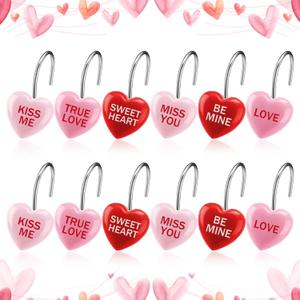Threehoney 12 Pcs Valentines Shower Curtain Hooks 3 Styles Pink Red Conversation Heart Rustproof Hangers Hooks Decorative Love Heart Shape Curtain Rings for Bathroom Valentine's Day Wedding Decor
