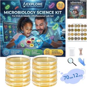 Microbiology Bacteria Science Kit, Petri Dishes with Agar for Kids & Adults - Lab Set with 12 Pre-Poured Agar Plates to Grow & Observe, 50 STEM Science Experiments & Colony Comparison Poster