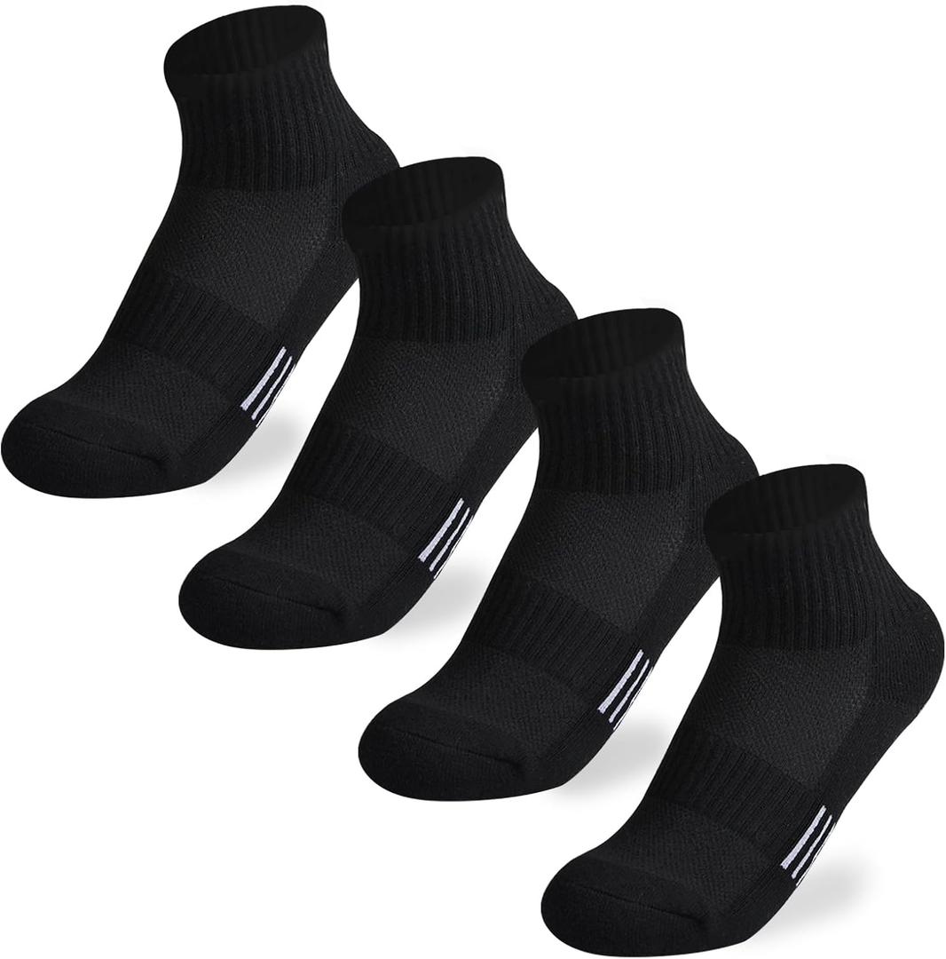 Boys Socks Girls Cushioned Athletic Socks Cotton Mesh Quarter Sock Youth Sport Ankle Sock 4/8 Pairs (Black)