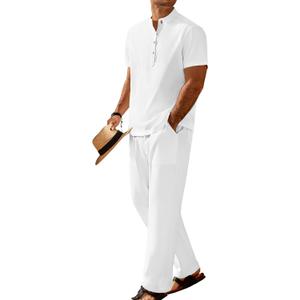 COOFANDY Men's 2 Pieces Set Short Sleeve Casual Henley Shirts Beach Yoga Pants Summer Beach Outfit (L)