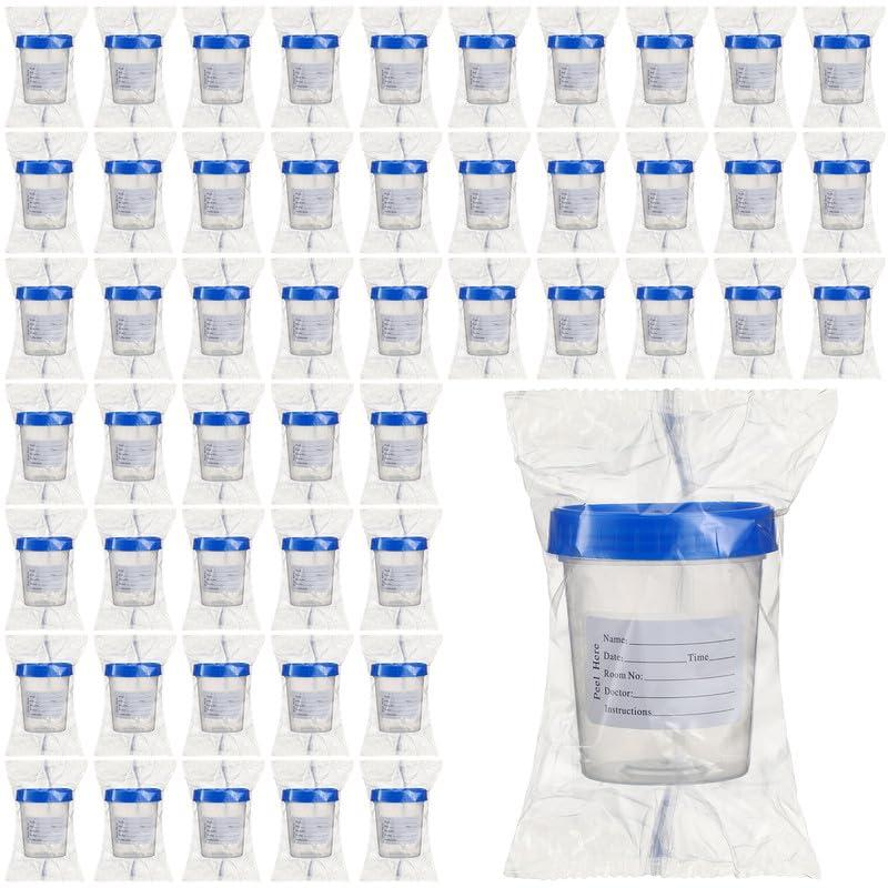 TrelaCo 50 Pieces Specimen Cup with Lid and Label 4oz Disposable Specimen Container Individually Wrapped Screw Cap Leak Resistant Pee Cup for Urine Stool Semen Collection for Sample Testing