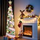 6Ft Prelit Pop Up Pencil Christmas Tree Decorations, Collapsible Artificial Christmas Tree with Lights, Foldable Pre Decorated with Ribbon Ornaments, Indoor Home Holiday Party Christmas Decorations