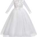 Flower Girls Maxi Dress Bridesmaid Wedding Pageant Party Princess Communion Floral Boho Vintage Lace Dance Gown (9-10 Years, White - Long Sleeve)