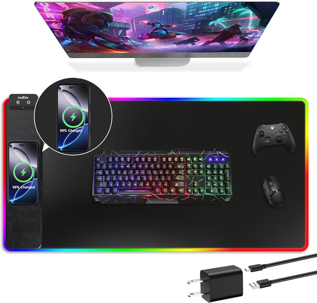 Mouse Pad with Wireless Charging, RGB Gaming Mousepad, Large Desk Mat with Ultra-Smooth Surface, Non-Slip Mouse Mat, Waterproof Computer Keyboard Pad with 18W QC Power Adapter, 800x400x4MM, Black