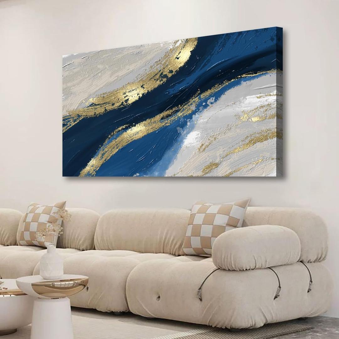 Abstract Canvas Wall Art for Living room Office Bedroom Golden Blue Wall Art Print Oil Paintings Modern Abstract River Texture Pictures Wall Decor Artwork Waterproof Ready to Hang - 20in * 40inch