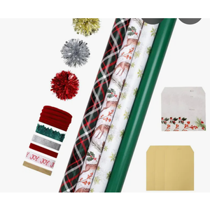 LaRibbons Christmas Wrapping Paper Sets, Classic Reindeer & Plaid Design With Ribbons & Gift Tags & Metallic Pom Pom, Perfect for Xmas, Holiday Party, 30Inch × 10Feet（ 4 Rolls: 100 Sq.Ft.Ttl）