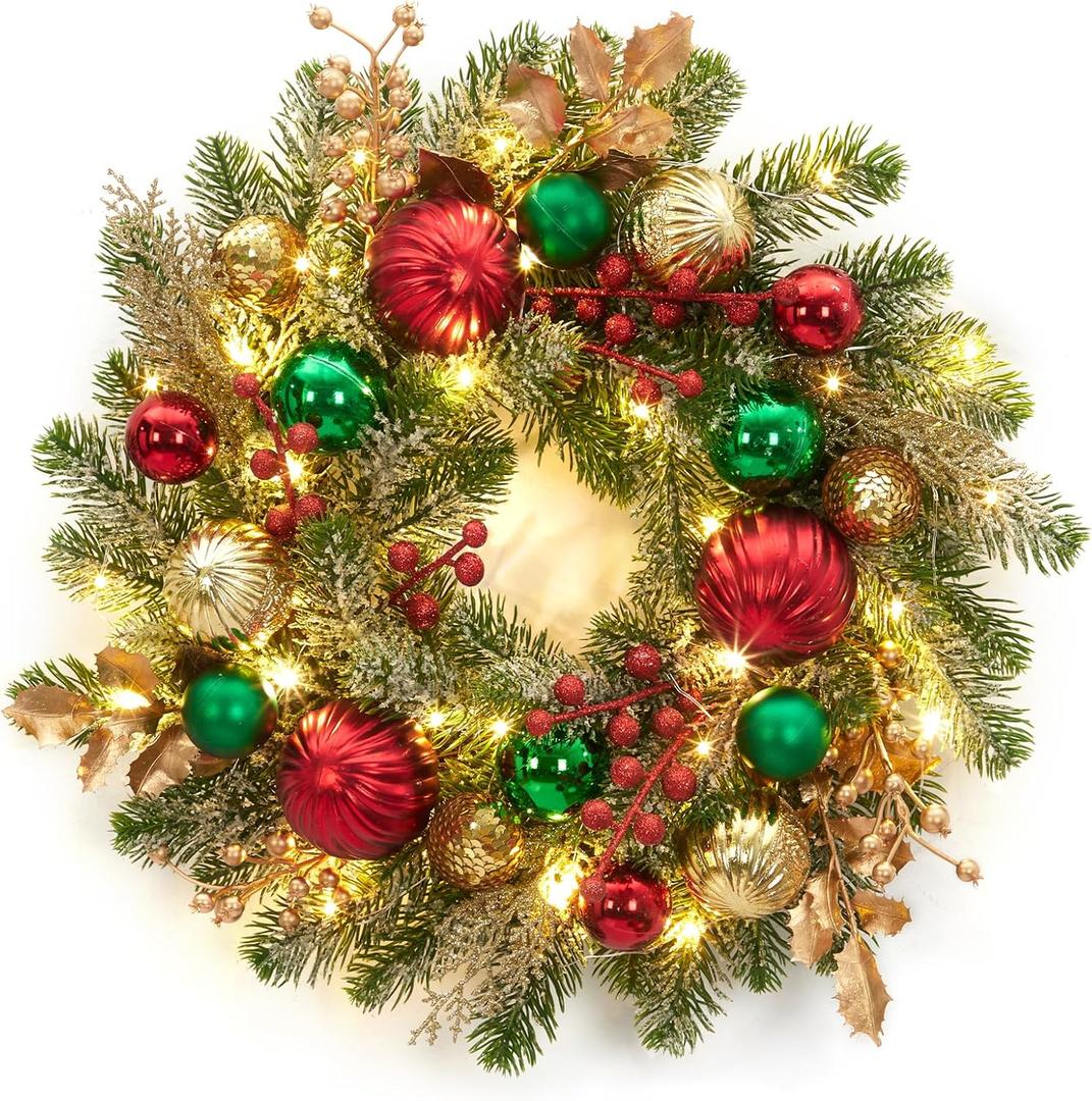 Adeeing 16" Christmas Wreath for Front Door, Lighted Christmas Wreath with 30 LED Lights Timer Red Green Gold Xmas Balls, Battery Operated Snow Flocked Winter Wreath for Fireplace Window Outdoor Decor