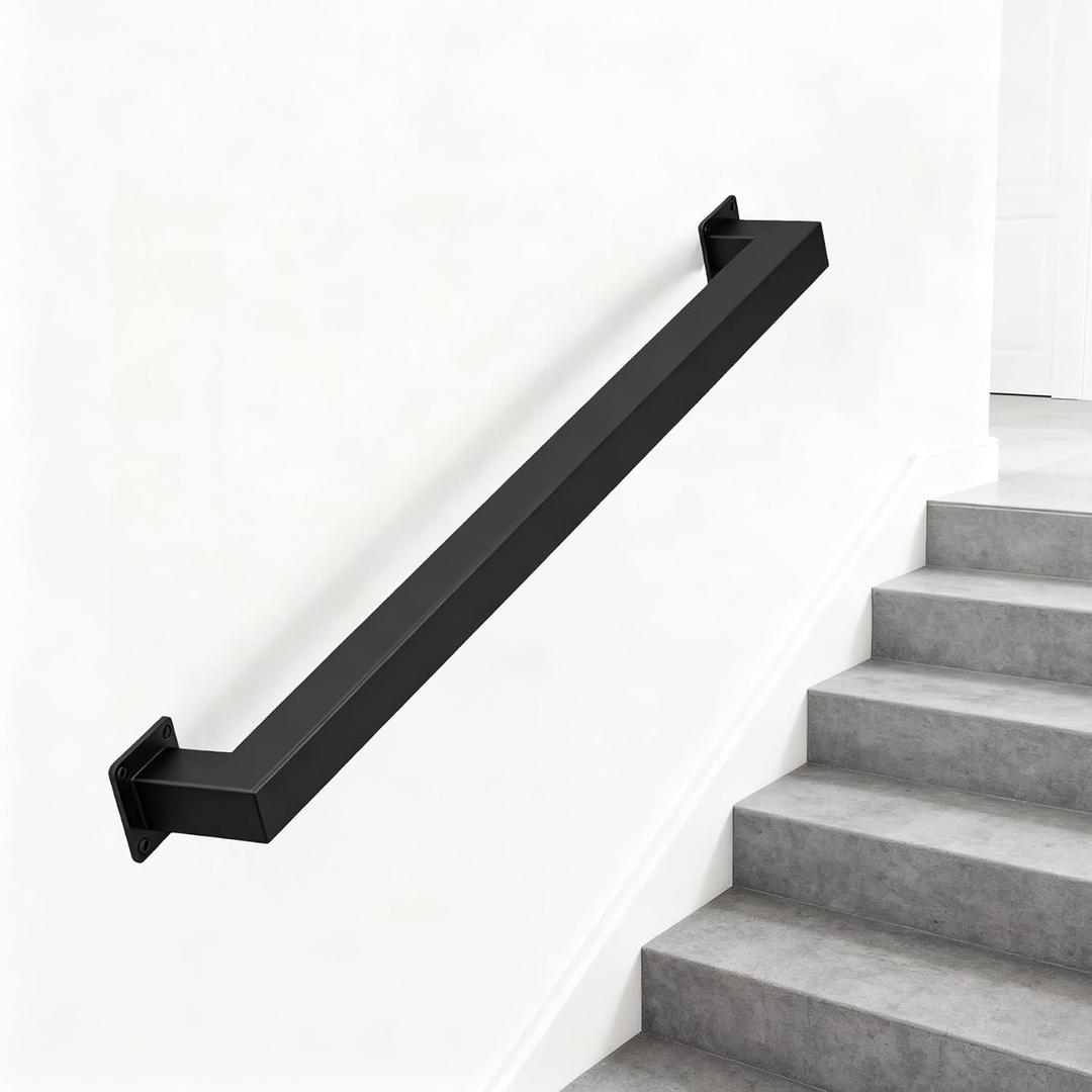 4FT Stair Railing Indoors, Metal Hand Rails for for Stairs Hallway Corridor, Wall-Mounted 500lb Capacity, Black