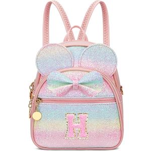 KKXIU Initial Bowknot Mini Backpacks for Girls Women, Small Cute Backpack Purse, Personalized Birthday Gifts for Toddler, Kids and Teen Girls(H, Rainbow)
