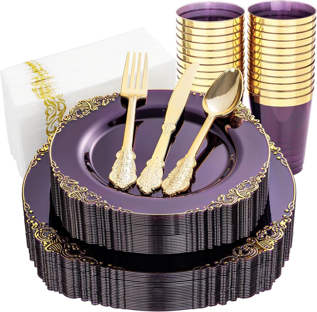 Nervure 175PCS Clear Purple Plastic Plates - Gold Plastic Plates for 25 Guests Include 25Dinner Plate, 25Dessert Plate, 25Cups, 75 Cutlery, 25Napkins Perfect for Wedding & Party
