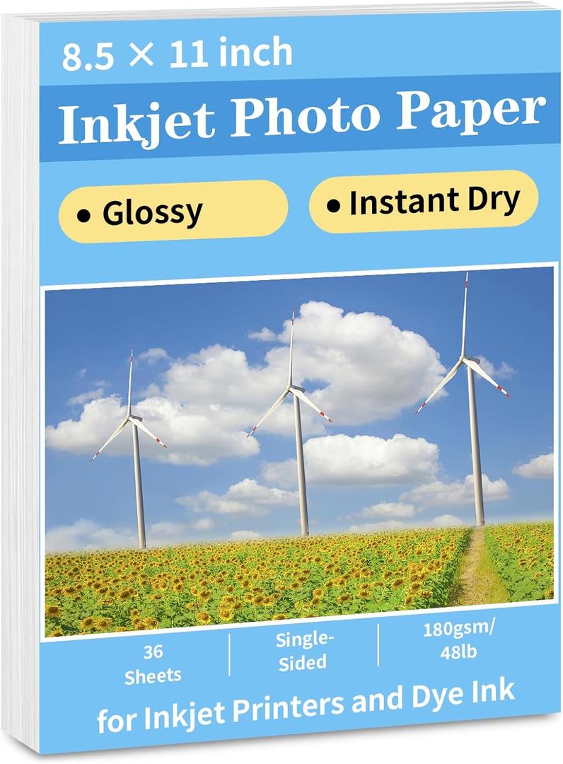 Reastar Glossy Photo Paper 8.5 x 11, 36 Sheets Inkjet Photo Printer Paper, Instant Dry Picture Paper for DIY Chip Bag, Flyers, Cards, Calendars and Brochures(180gsm/48lb)