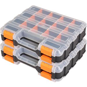 Tool Box with Transparent Lid, Double Side 34-Compartments Organizer Box with Removable Dividers for Hardware, Screws, Bolts, Nails, Beads, Jewelry and Fishing Accessories, Orange, 2 Pack