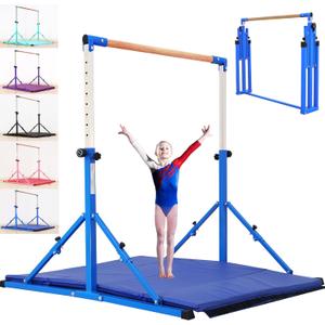 Marfual 5 Ft Fold Gymnastic Bar Kip Bar with 4 Ft Inner Width 5 ft Adjust Height Gymnastic Equipment for Kids and Girl and Teenage Home and Club Use Blue with Mat