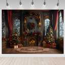 Mocsicka 7x5ft Red Christmas Window Backdrop for Photography Black Christmas Trees and Fireplace Snow Scene Xmas Family Holiday Party Decorations Photography Background