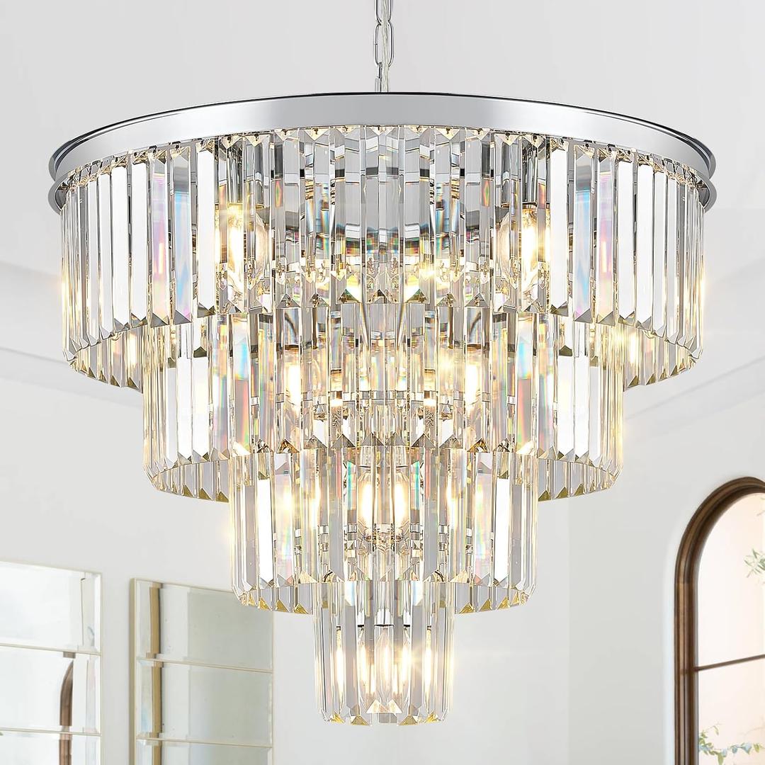 Modern Chrome Crystal Chandeliers 24 Luxury Chandeliers 4-Tier 12 Lights K9 Crystal Round Ceiling Pendant Light Fixture Contemporary for Living Dining Room Foyer Staircase Bedroom