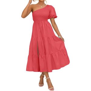 ZESICA Women's Boho One Shoulder Midi Dresses 2026 Summer Short Sleeve Smocked Split Ruffle Flowy Beach Vacation Dress (L)