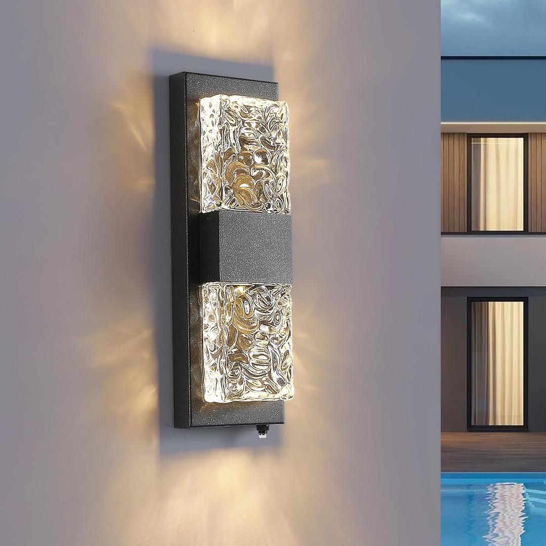 Dusk to Dawn Outdoor Lighting Fixture Wall Mounted - 14.2'' IP65 Waterproof Wall Sconce with 12W LED Crystal Modern Outside Wall Lamp for Hallway Doorway Porch Patio Backyard, Black, 1PCS