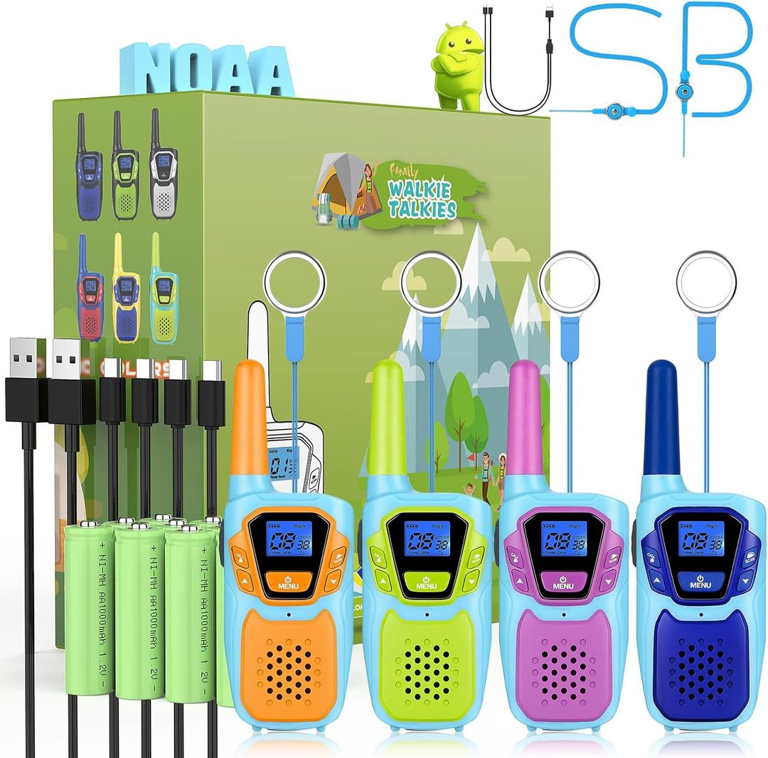 Walkie Talkies for Kids Rechargeable 4 Pack Walkie-Talkies Long Range 4 Miles NOAA FRS 2 Way Radio for Adults Camping Skiing Cruise, Family Adventure Toys for 3-12 Year Old Boys Girls Toddlers (Blue Green Gold Violet)