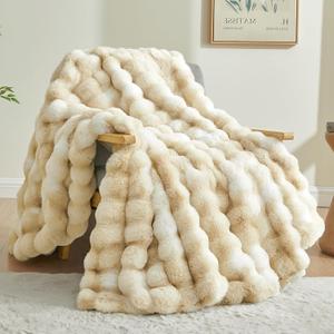 BEDELITE Faux Fur Throw Blanket for Couch, Decorative Tie-Dye Khaki Plush Bubble Blanket - Super Soft & Cozy Fluffy Faux Rabbit Fur Blanket for Women Gift, 50x60 Inches