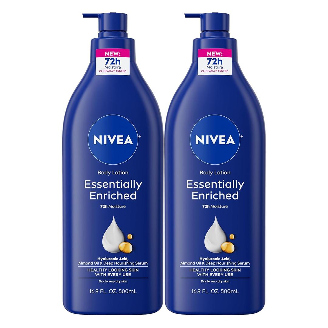 NIVEA Essentially Enriched Body Lotion for Very Dry Skin with Hyaluronic Acid, Almond Oil and Deep Nourishing Serum, 72-Hour Body Moisturizer, 16.9 Fl Oz Pump Bottle, Pack of 2