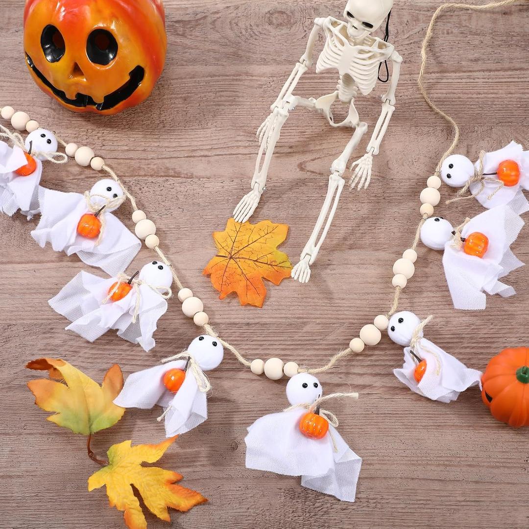Preboun 7ft Pumpkin Ghost Garlands with Wooden Beads Farmhouse Rustic Pumpkin Banner Hanging Ornaments for Thanksgiving Day Fall Halloween Wall House Yard Outdoor Decor Supplies