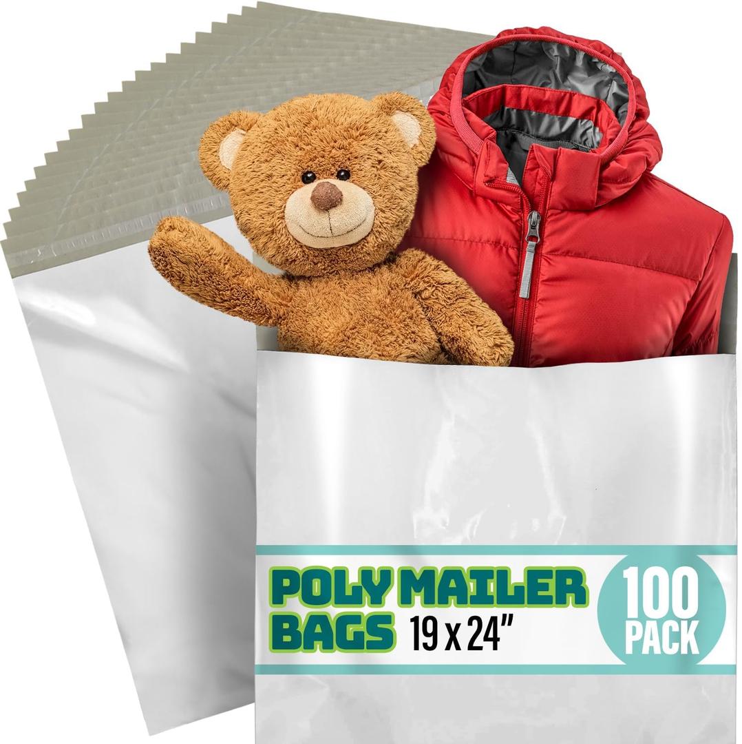Poly Mailers 19x24 Inch - 100 Pack - Large Shipping Bags for Clothing & Packages, Strong Adhesive Sealing Mailing Envelopes for Small Business, White