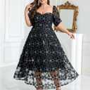 Women Plus Size V Neck Empire Waist Sequin Embroidered Lace Cocktail Dress (L)