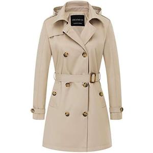 CREATMO US Women's Trench Coat Double-Breasted Classic Lapel Overcoat Belted Slim Outerwear Coat with Detachable Hood Medium