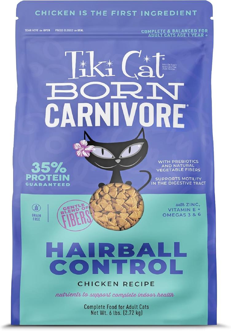 Tiki Cat Born Carnivore Dry Cat Food, Hairball Control, Chicken, 6 lbs. Bag, Best By: MAY 19 27