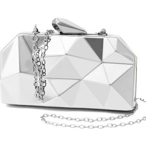 Women Lattice Pattern Metal Evening Clutch Bag,Geometric Evening Clutch Purse Handbag With Chain Strap (Small, Silver)