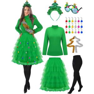 Xtinmee 25 Pcs Christmas Tree Costume Set for Women Festive Party Dress Christmas Tree Adult Outfit for Xmas Party Costumes (Medium)