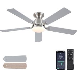 Ceiling Fans with Lights, 52" Flush Mount Ceiling Fan with Light and Remote/APP Control, Low Profile, Modern Ceiling Fan Reversible, Dimmable, Noiseless, Ceiling Fan for BedroomBrushed Nickel (Nickel-52inch)