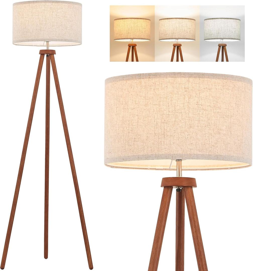ELYONA Wood Tripod Floor Lamps with 3 Color Temperatures LED Bulb Vintage Standing Light Beige Linen Shade Tall Floor Lamp for Bedroom Living Room Office Study Room, Brown & Nickel Metal