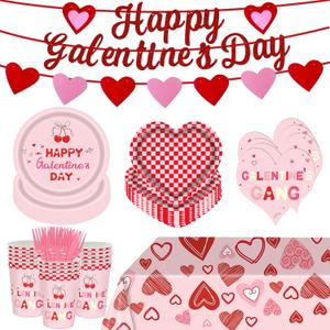 144 Pcs Galentine's Day Party Supplies Set Happy Galentine's Day Tableware Set for 20 Guests Include 9 Inch 7 Inch Pink and Red Plaid Plates Napkins Cups for Women Girls Celebration Party Decorations