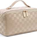 Large Capacity Travel Cosmetic Bag - Portable Makeup Bags for Women Waterproof PU Leather Checkered Makeup Organizer Bag with Dividers and Handle,Toiletry Bag for Cosmetics (EXP 02/04/26)