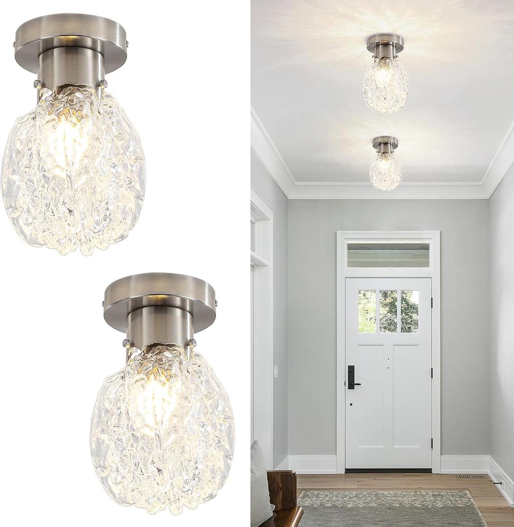 Vintage Glass Semi Flush Mount Ceiling Light Silver, 2 Pack Hammered Glass Hallway Ceiling Light Fixture, Small Close to Ceiling light for Living Room Bedroom Bathroom Kitchen Entryway with E26 Base