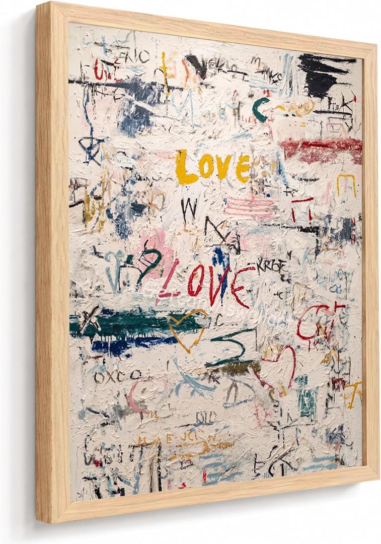Framed Modern Neutral Abstract Textured Graffiti Love Wall Art, 16x24 Inch | Impasto canvas artwork with contemporary graffiti style for living room bedroom office