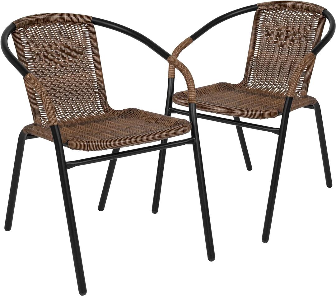 2 x Flash Furniture Lila Modern Rattan Indoor/Outdoor Stackable Dining Chairs, Stacking Rattan Bistro Chairs for Patio or Restaurant, Set of 2, Brown