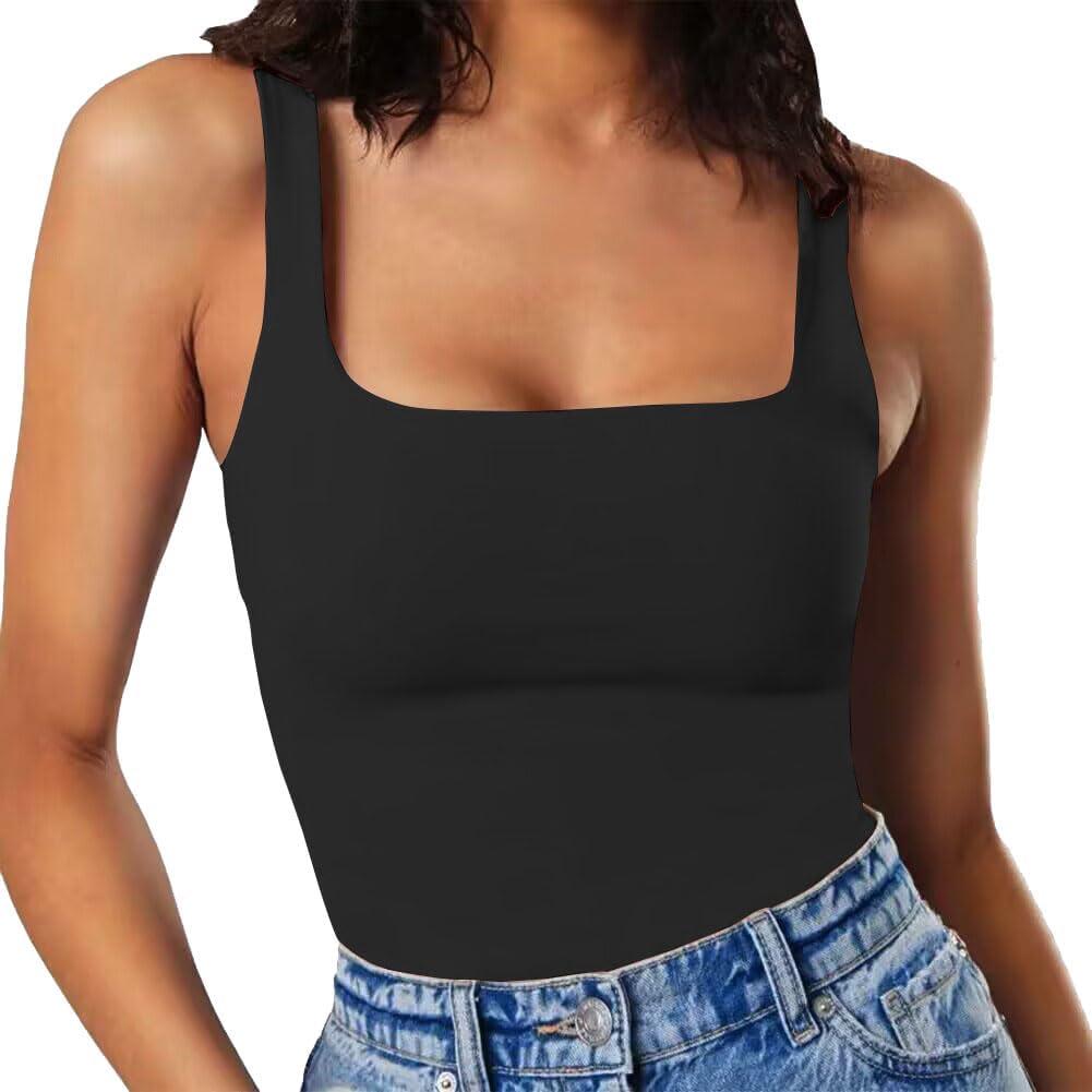 MISSJOY Women's Square Neck Sleeveless Slimming Going Out Tank Tops Bodysuits Clubwear (X-Large, 1-black)